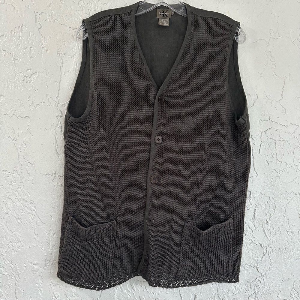 CALVIN KLEIN Linen Vest‎ Women Size Small Knit Linen Button Front Relaxed Green